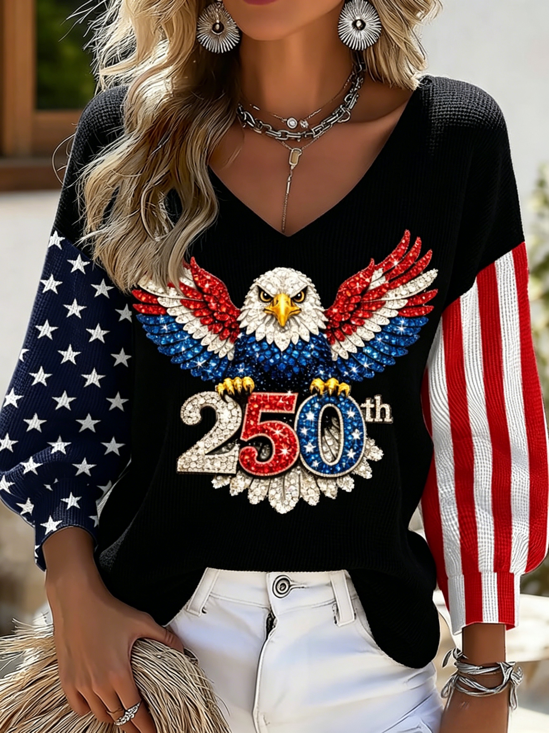Women’s Anniversary Eagle & American Flag Graphic V-Neck Top