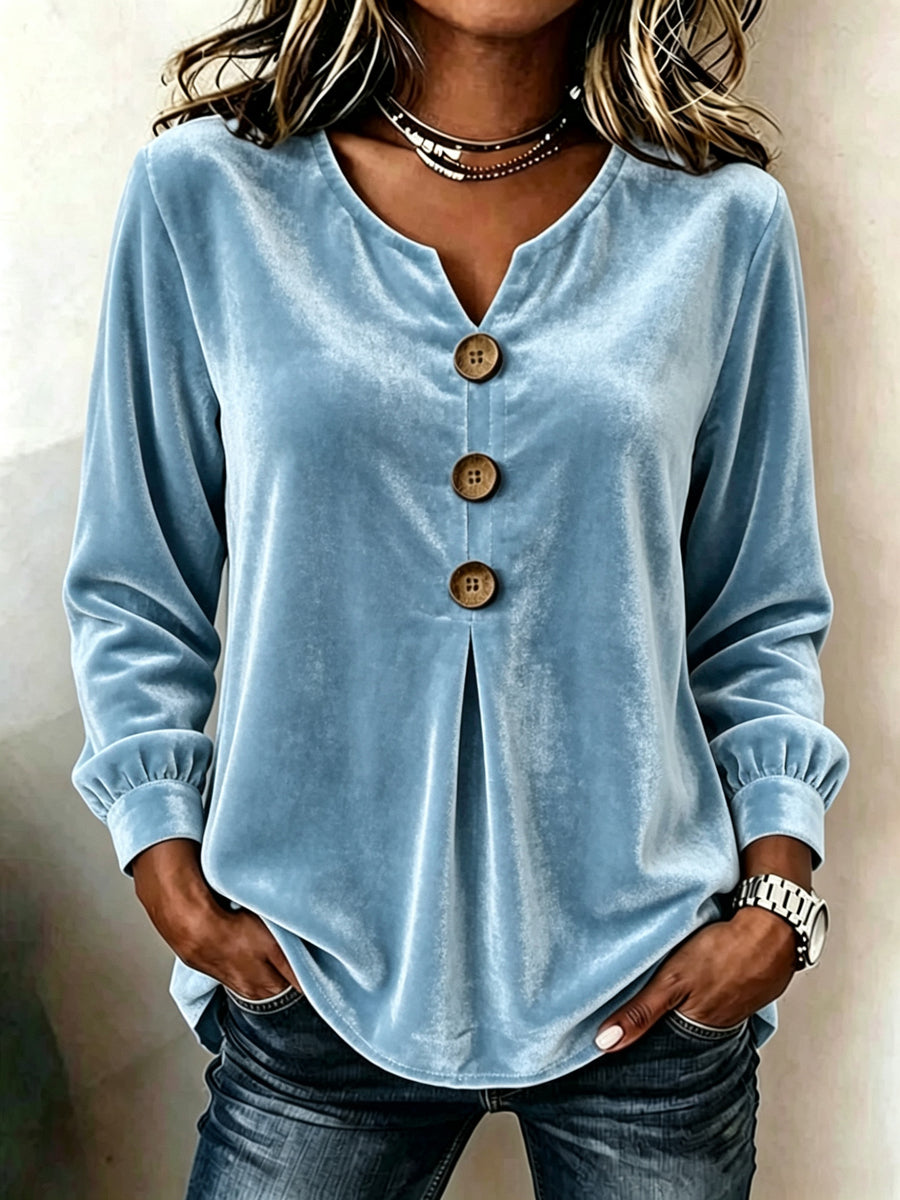 Velvet V-Neck Pleated Button-Front Long-Sleeve Top
