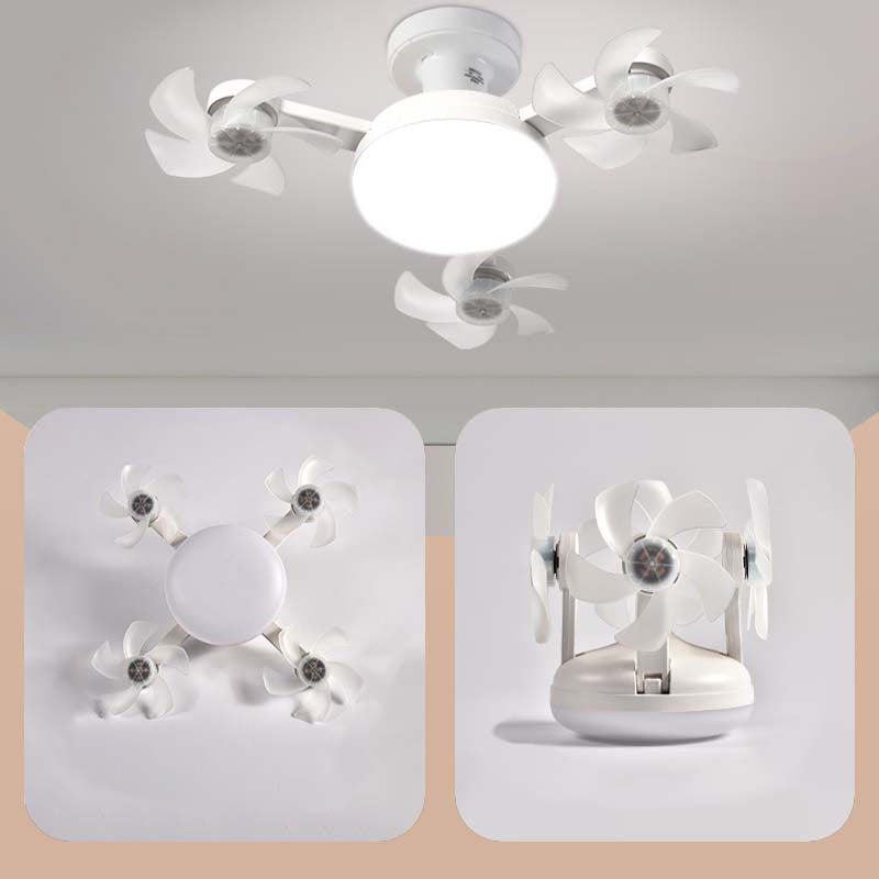 Foldable ceiling fan blades shown from front, bottom, and side views
