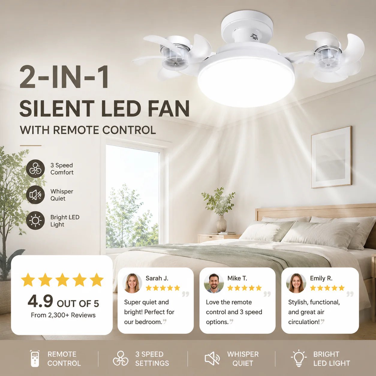 🌀New E27 Socket Ceiling Fan Light – 2‑in‑1 Silent LED Fan with Remote Control, Energy‑Saving Cooling & Lighting Combo for Home Bedroom