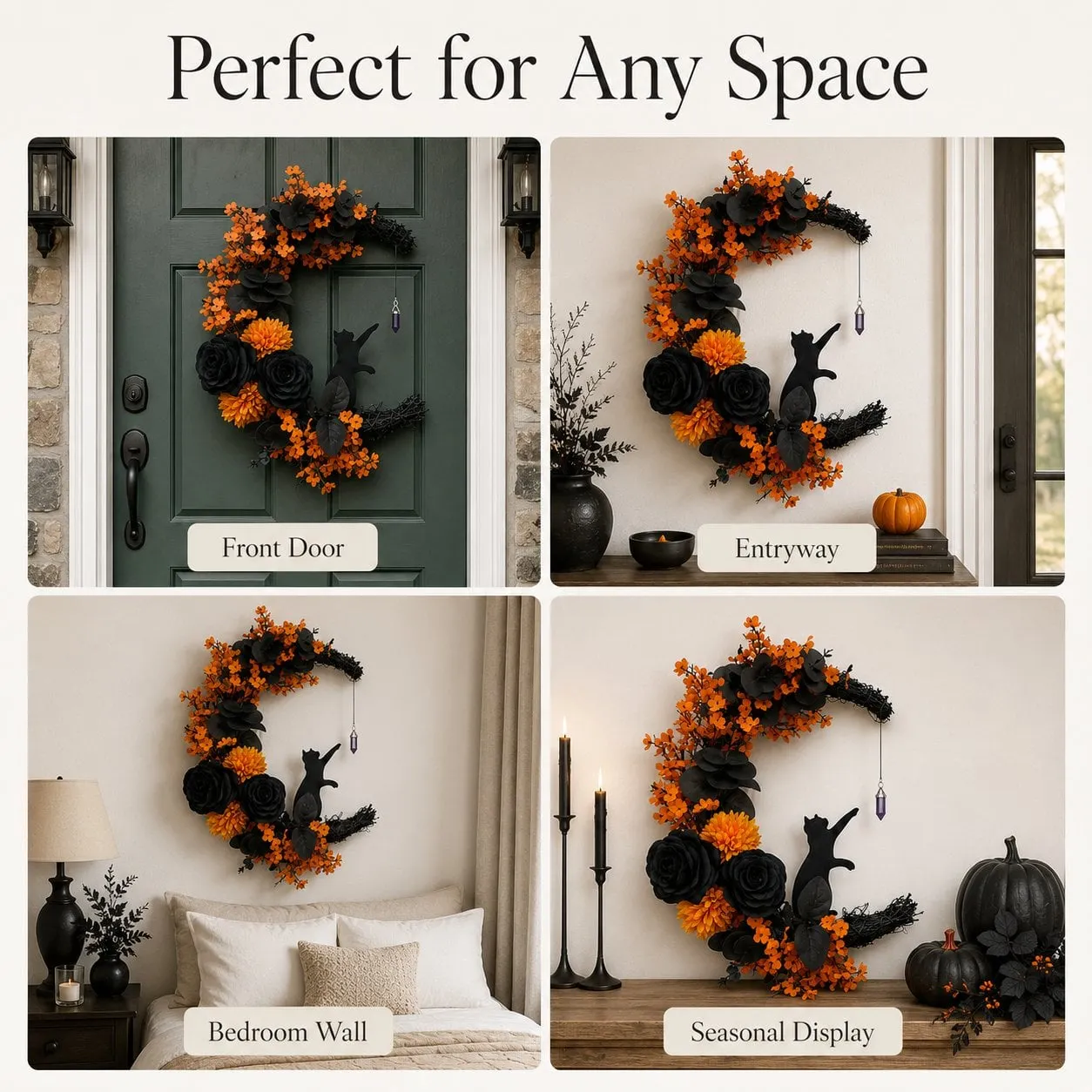 Black Cat Halloween Wreath with Gothic Floral Design