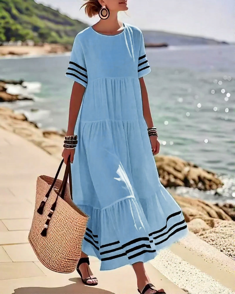 70% OFF | Color-Block Short-Sleeve Vacation Midi Dress