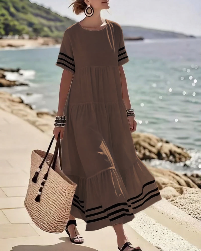 70% OFF | Color-Block Short-Sleeve Vacation Midi Dress