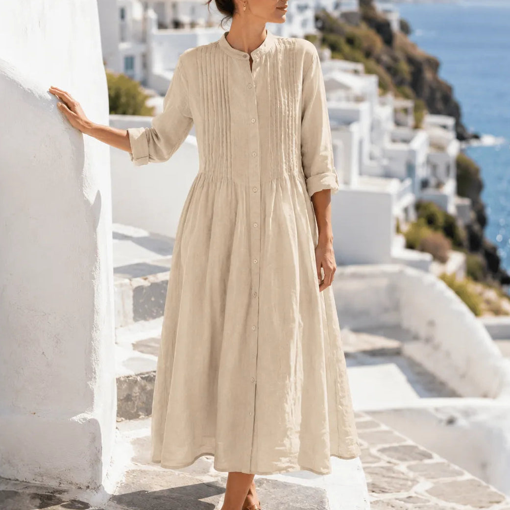 Flowy Pintuck Midi Shirt Dress with 3/4 Sleeves