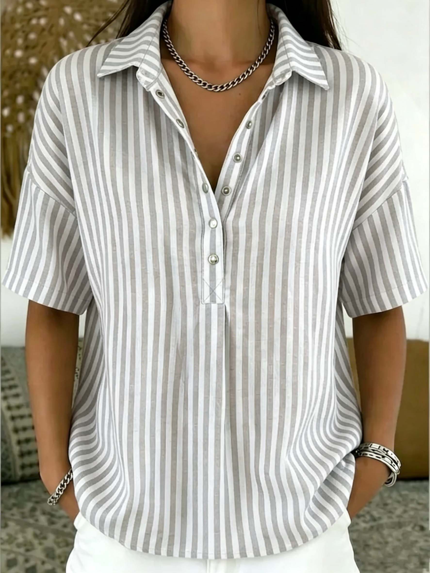 Casual Striped Polo Collar Snap Buttons Cotton Linen Shirt