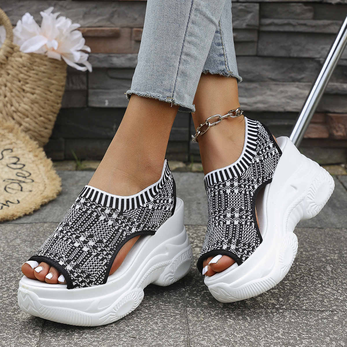 Breathable Knit Platform Wedge Sandals – Easy Slip-On with Arch Support