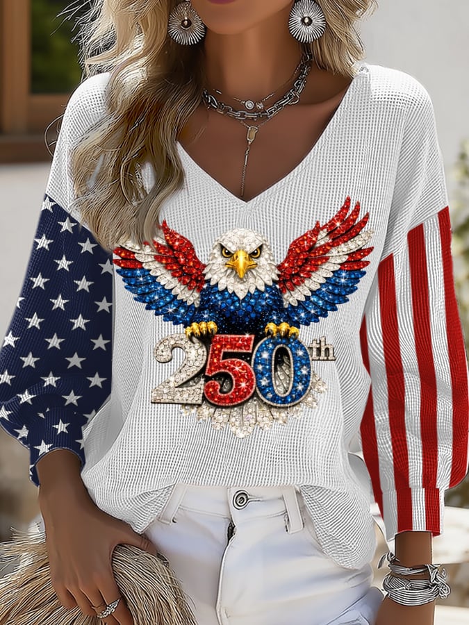 Women’s Anniversary Eagle & American Flag Graphic V-Neck Top