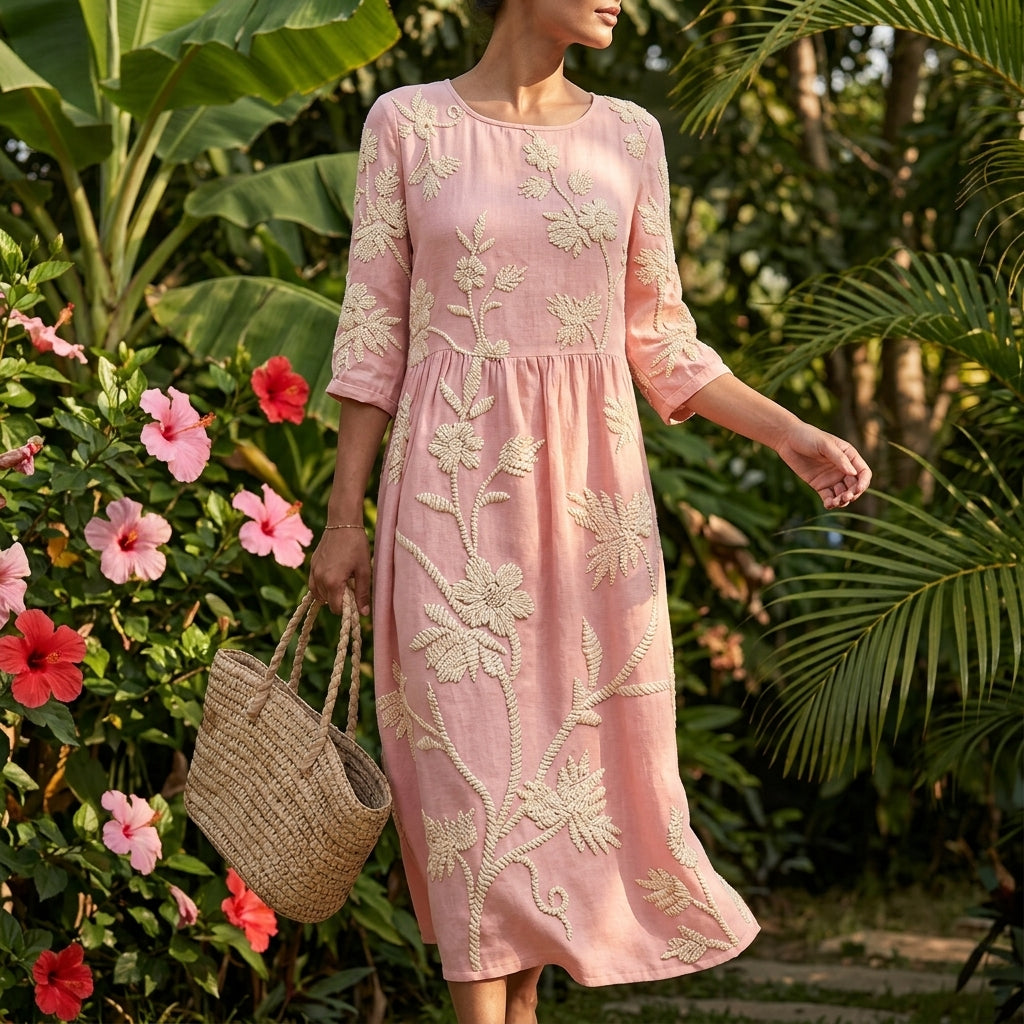 Floral Embroidered Midi Dress with 3/4 Sleeves