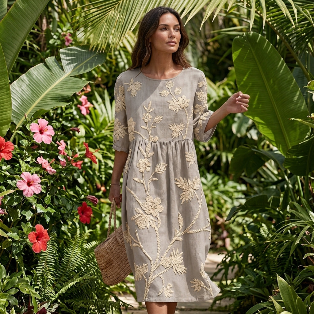 Floral Embroidered Midi Dress with 3/4 Sleeves