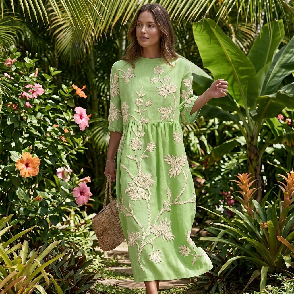 Floral Embroidered Midi Dress with 3/4 Sleeves