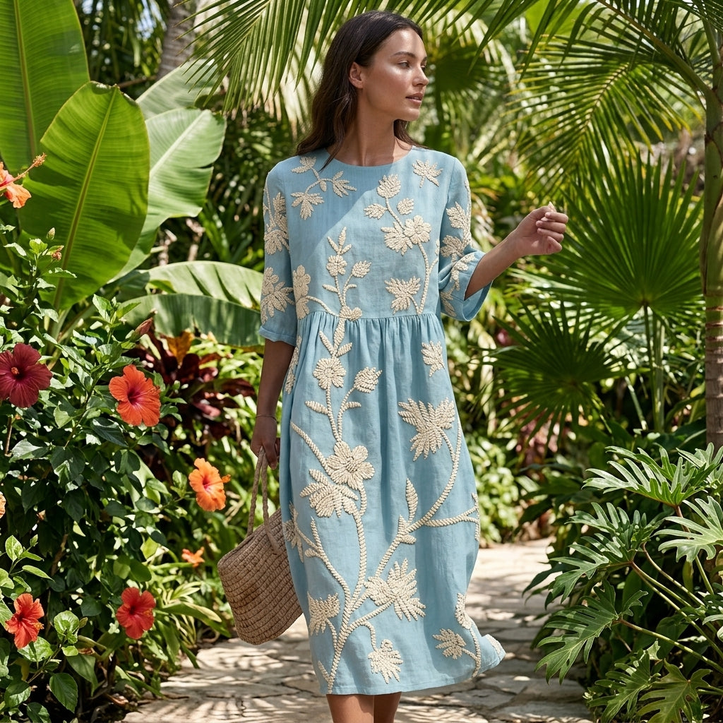 Floral Embroidered Midi Dress with 3/4 Sleeves