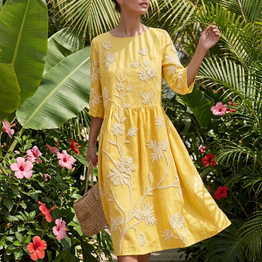 Floral Embroidered Midi Dress with 3/4 Sleeves