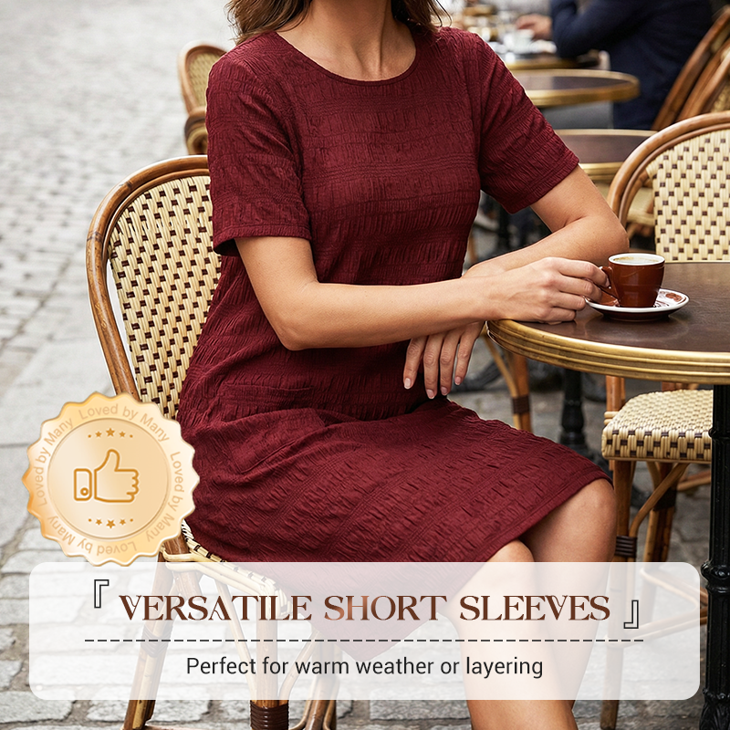 Textured Round-Neck Shift Dress with Front Pockets