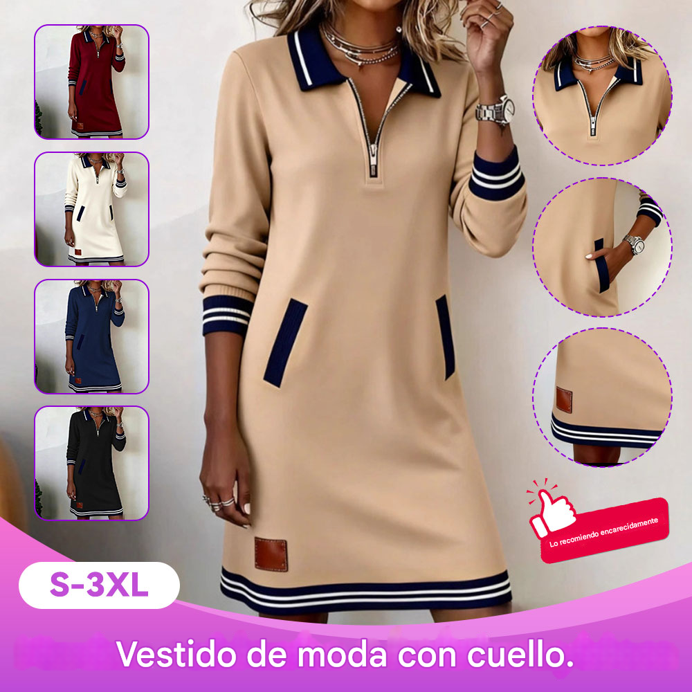 42% OFF | Color-Block Zip-Collar Long-Sleeve Dress with Pockets