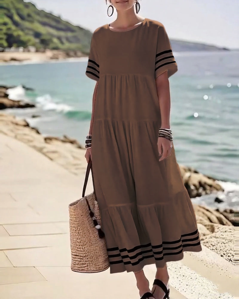 70% OFF | Color-Block Short-Sleeve Vacation Midi Dress