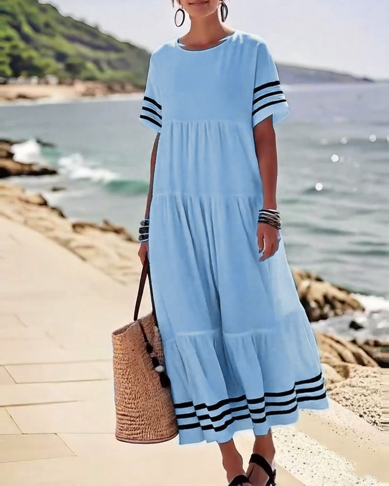 70% OFF | Color-Block Short-Sleeve Vacation Midi Dress