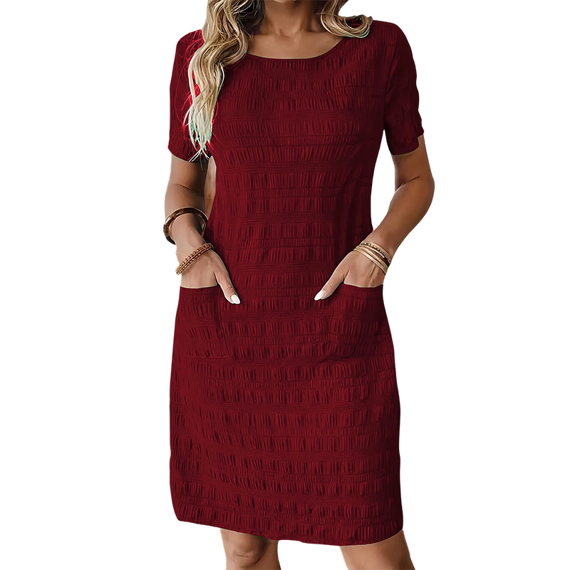 Textured Round-Neck Shift Dress with Front Pockets