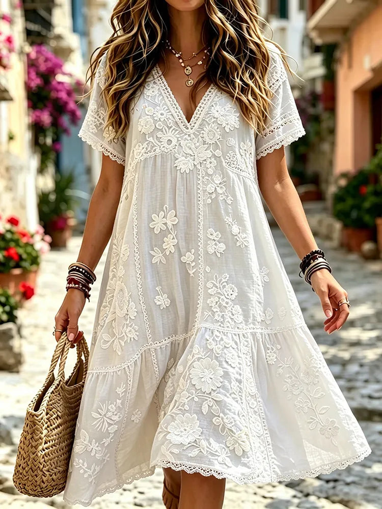 Floral Embroidered V-Neck Cotton Midi Dress