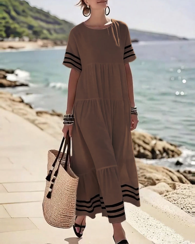 70% OFF | Color-Block Short-Sleeve Vacation Midi Dress