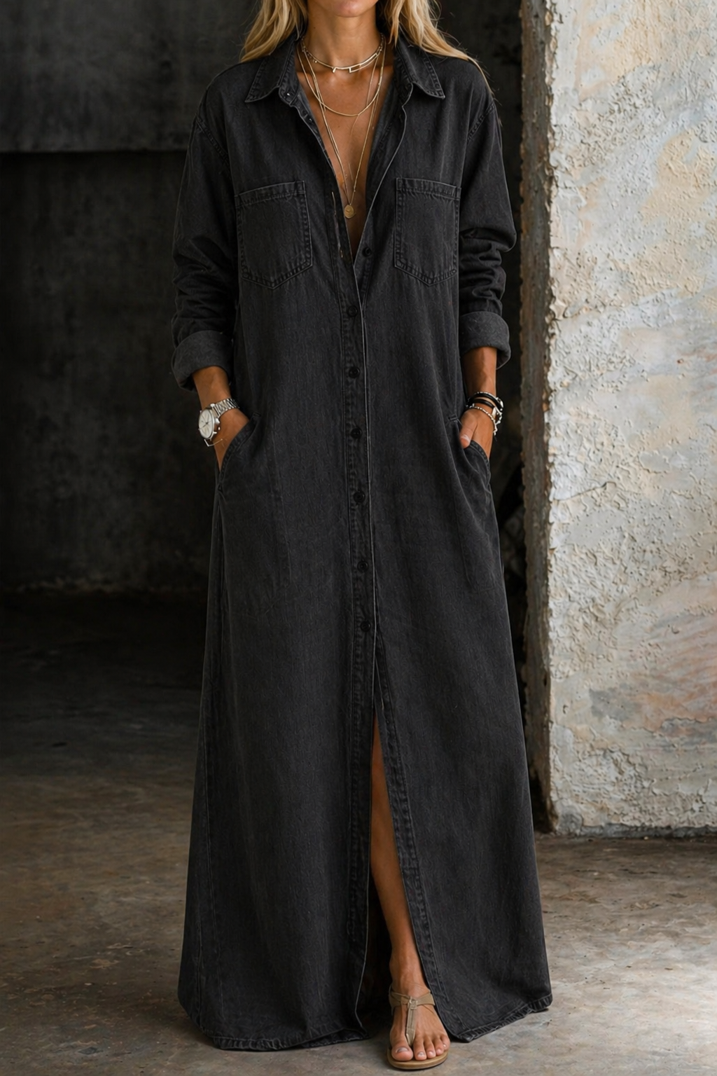 SALE | Relaxed Denim Button-Down Maxi Dress