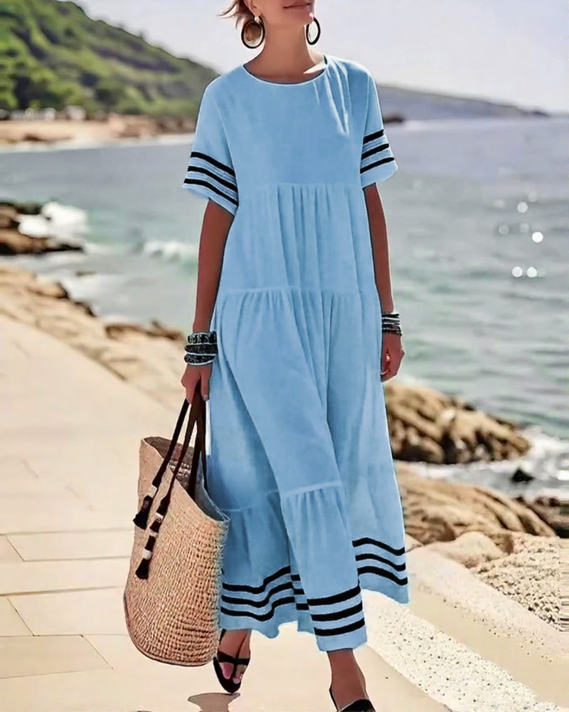 70% OFF | Color-Block Short-Sleeve Vacation Midi Dress