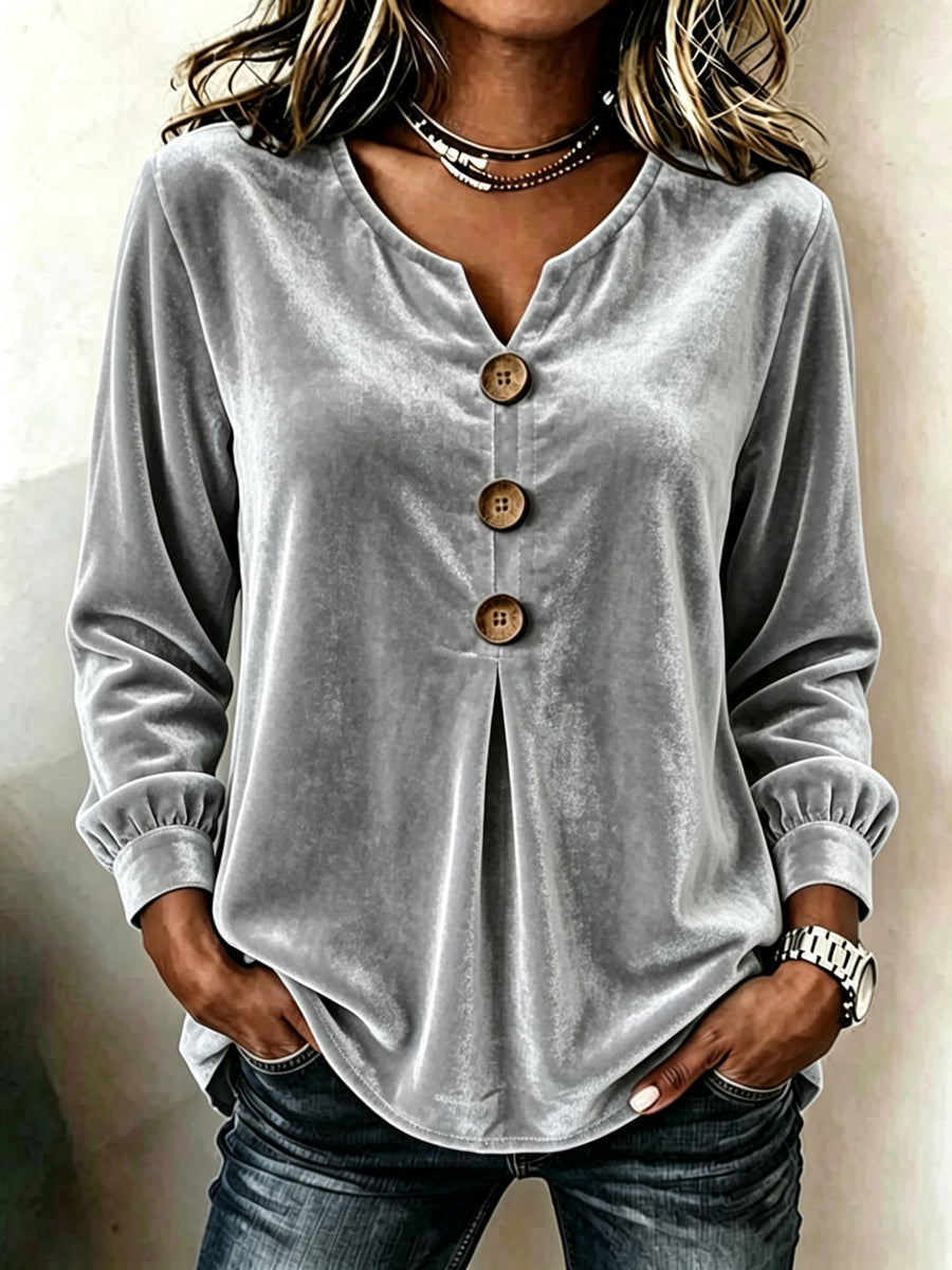 Velvet V-Neck Pleated Button-Front Long-Sleeve Top