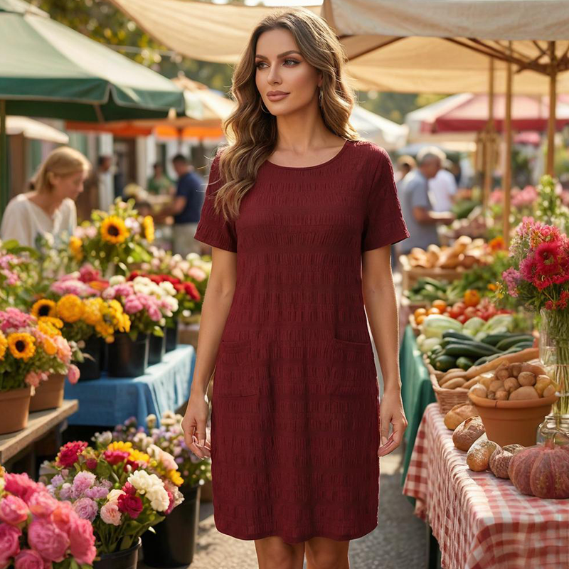 Textured Round-Neck Shift Dress with Front Pockets