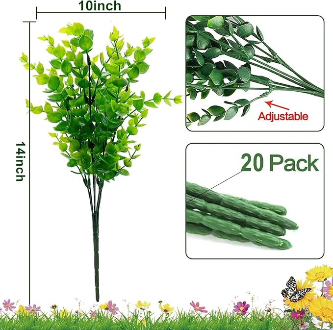 20 Bundles Artificial Greenery Plants for Outdoors Spring Decor, UV Resistant Fake Plants Faux Eucalyptus Plastic Shrubs Boxwood Fake Flowers Gardens Home Patio Outsides Summer Decor(Green)