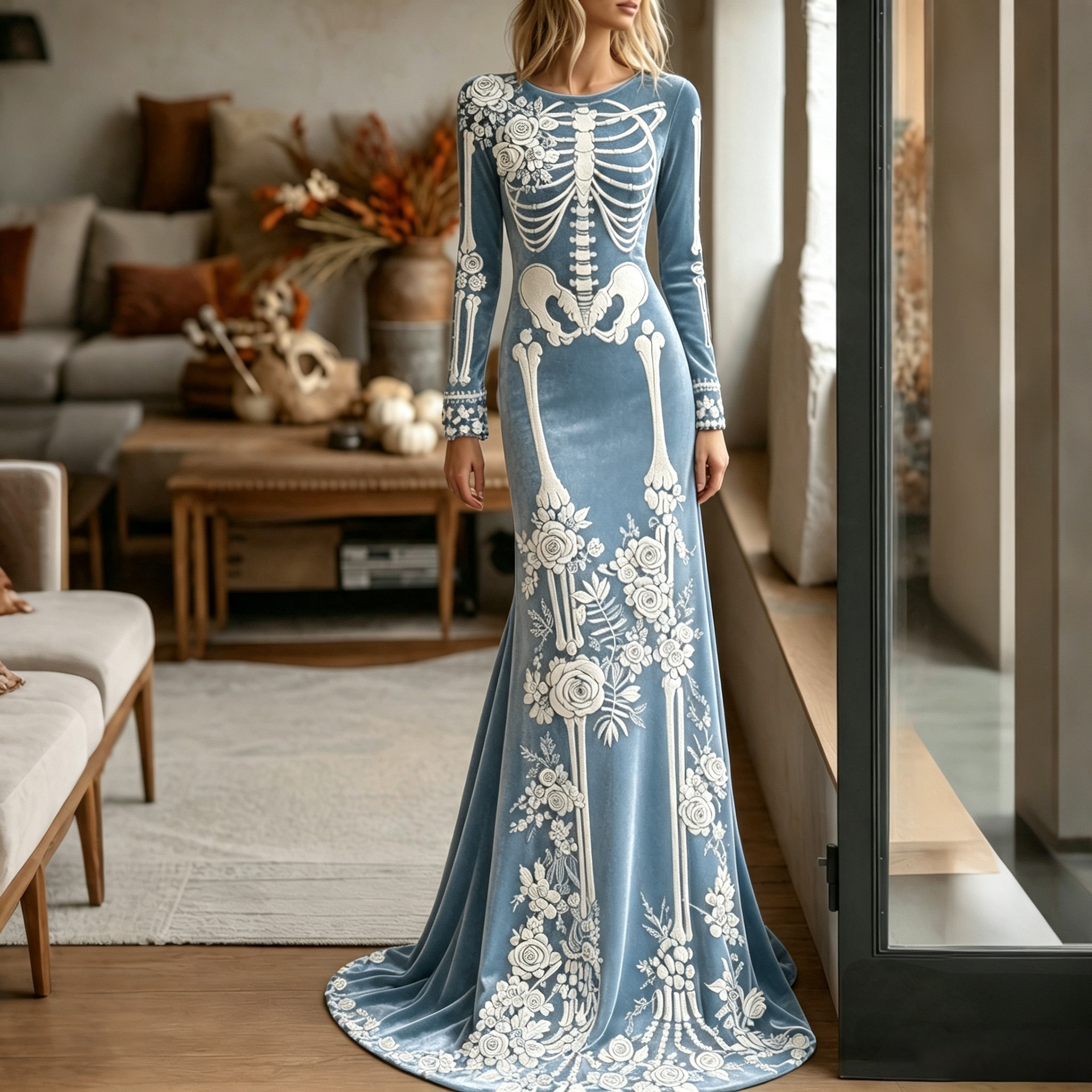 Women's Halloween Dark Gothic Rose Skeleton Maxi Dress