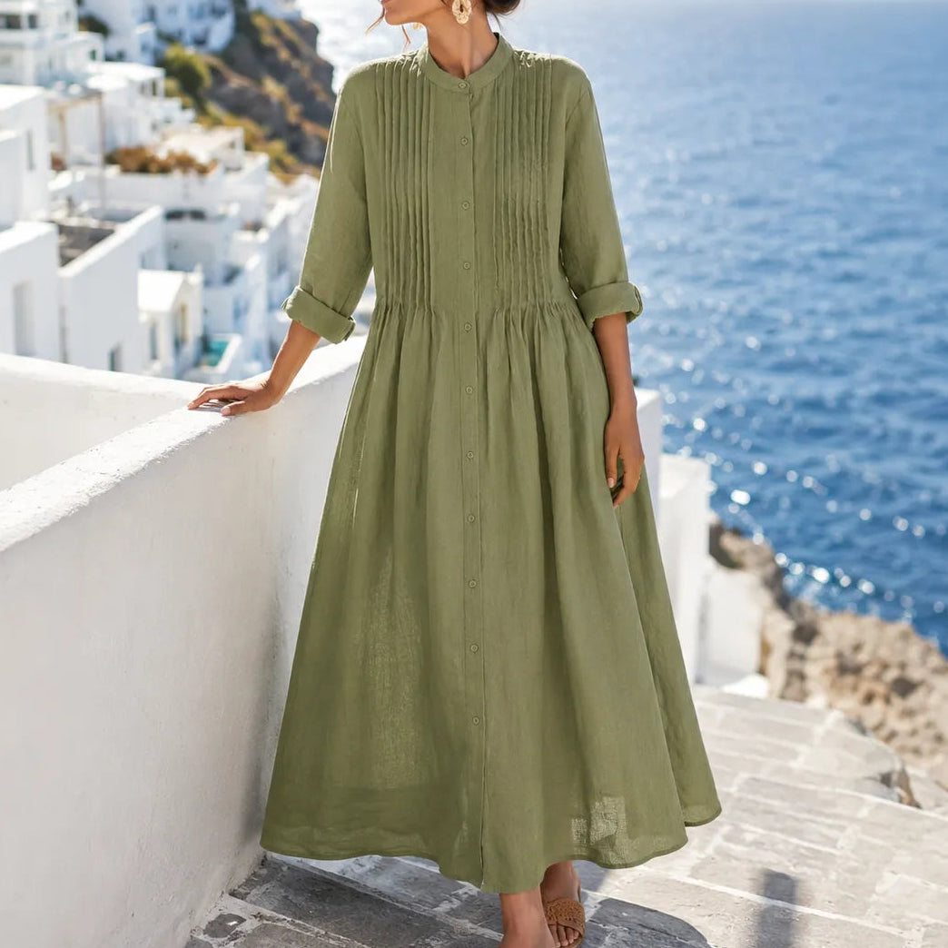 Flowy Pintuck Midi Shirt Dress with 3/4 Sleeves