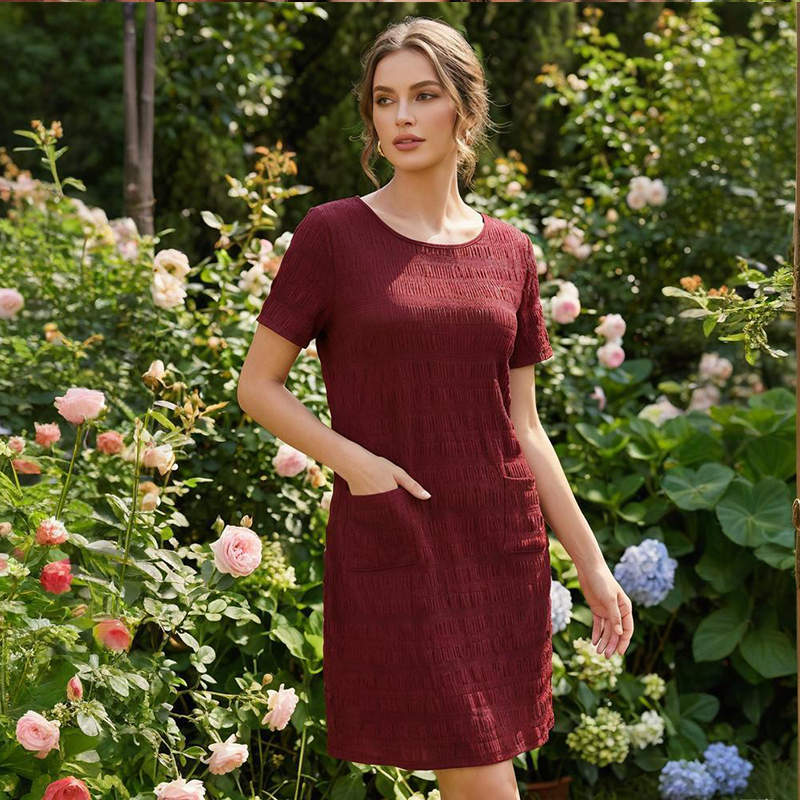 Textured Round-Neck Shift Dress with Front Pockets