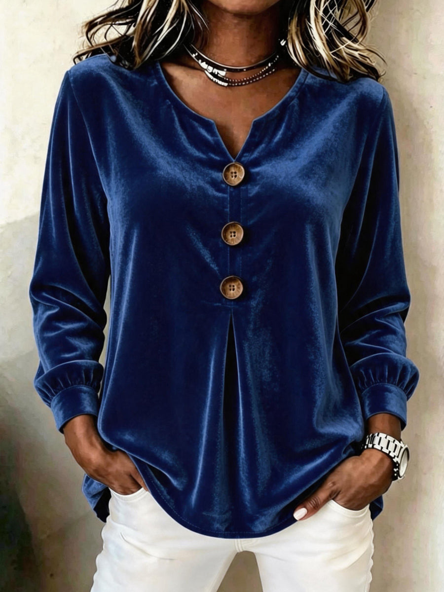 Velvet V-Neck Pleated Button-Front Long-Sleeve Top