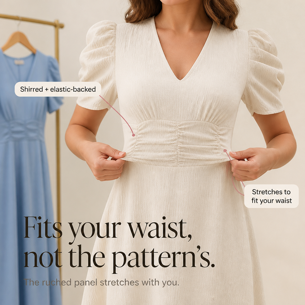 Ruched-Waist V-Neck Midi Dress with Puff Sleeves