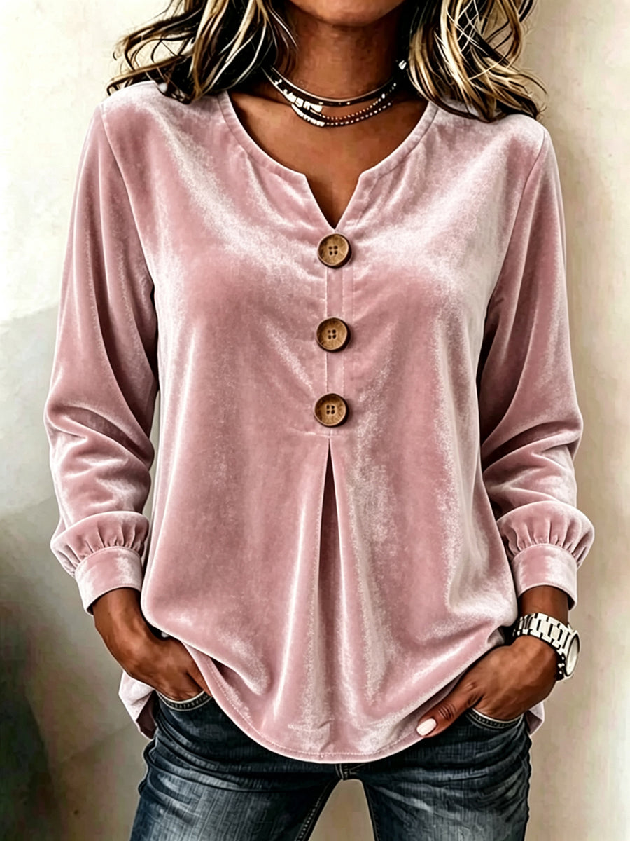 Velvet V-Neck Pleated Button-Front Long-Sleeve Top