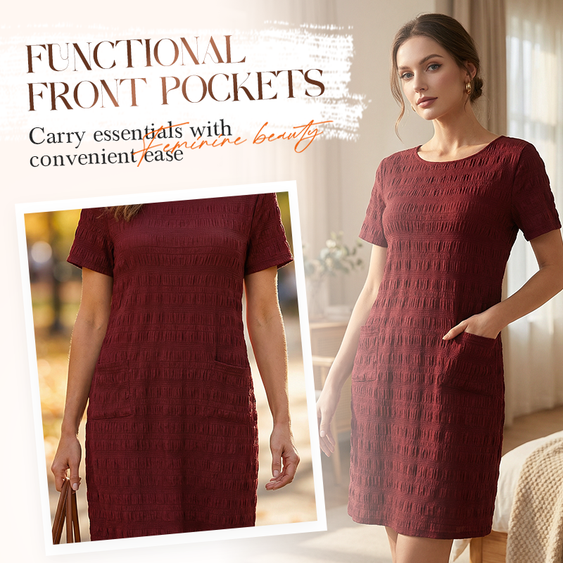 Textured Round-Neck Shift Dress with Front Pockets
