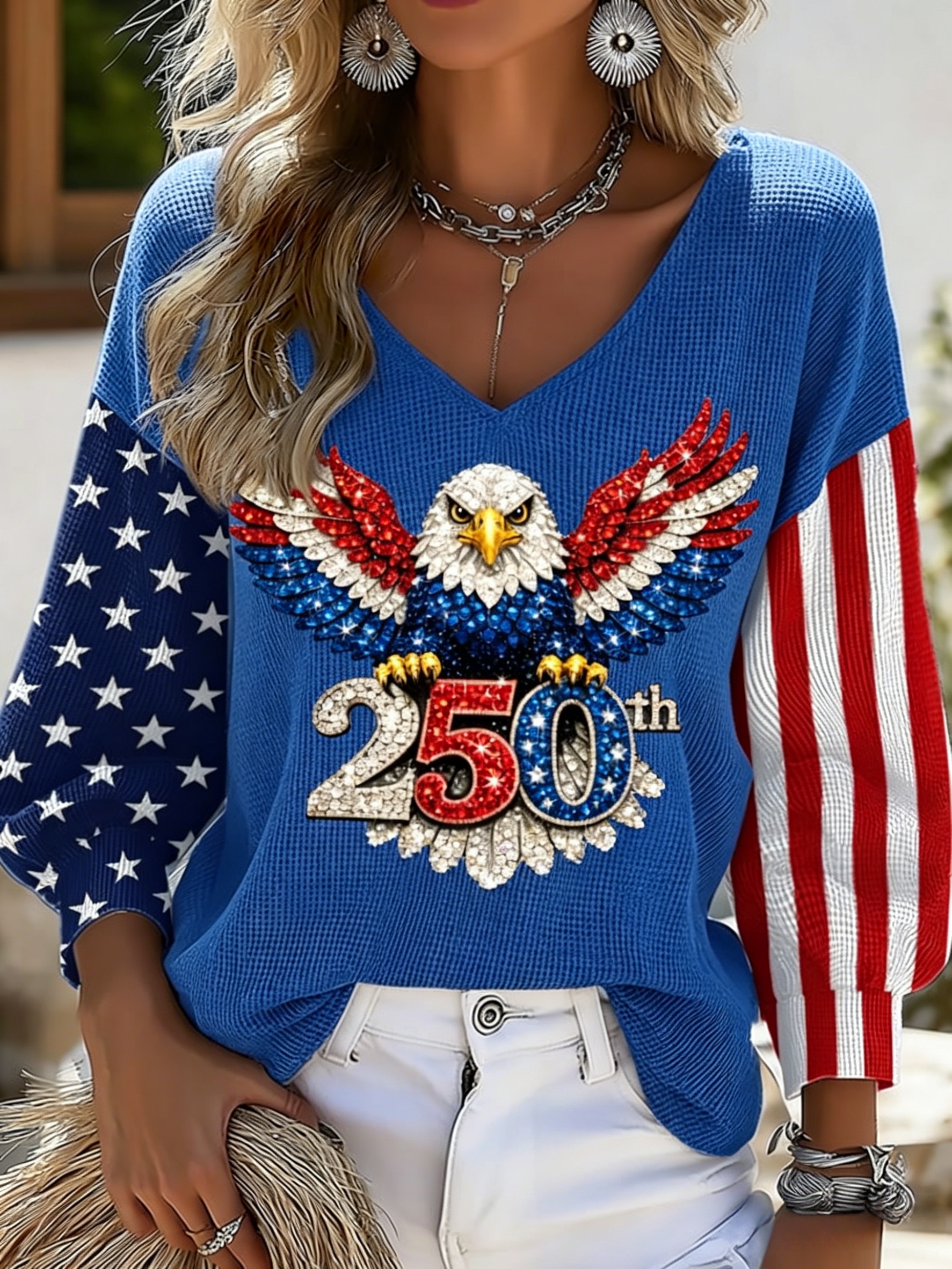 Women’s Anniversary Eagle & American Flag Graphic V-Neck Top