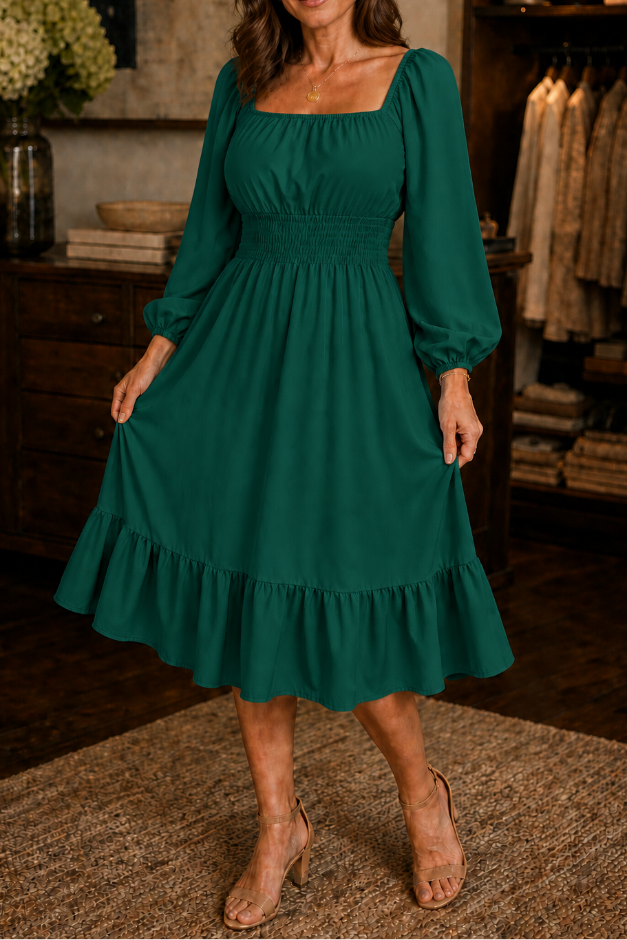 Smocked Square-Neck Midi Dress with Ruffle Hem