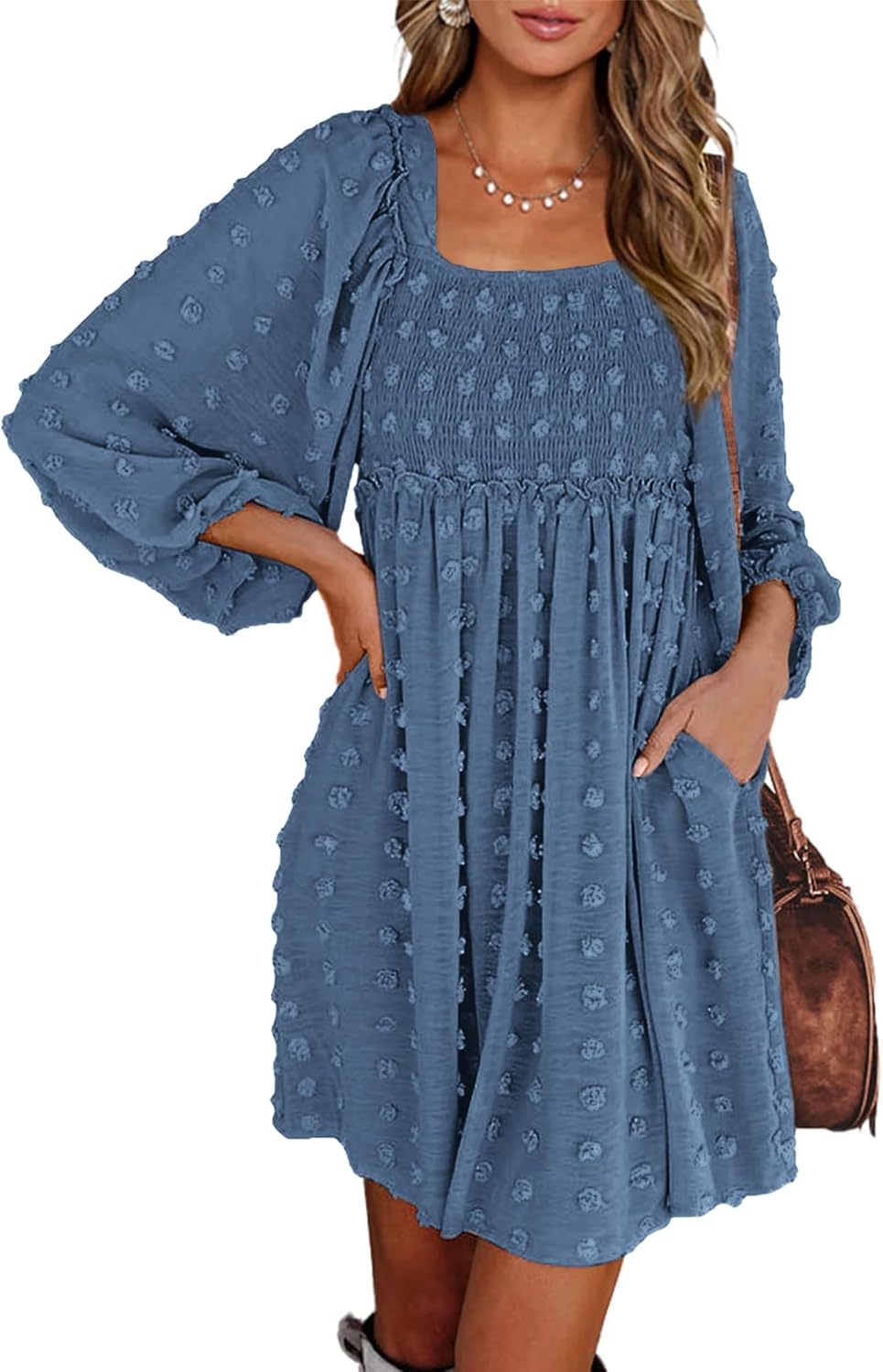 BTFBM Women Square Neck Smocked Summer Fall Dresses 2023 Long Sleeve Floral Swiss Dot Ruffle Party Mini Babydoll Dress