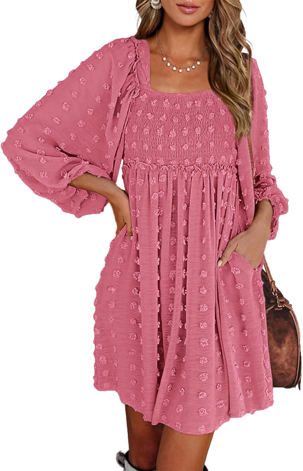 BTFBM Women Square Neck Smocked Summer Fall Dresses 2023 Long Sleeve Floral Swiss Dot Ruffle Party Mini Babydoll Dress