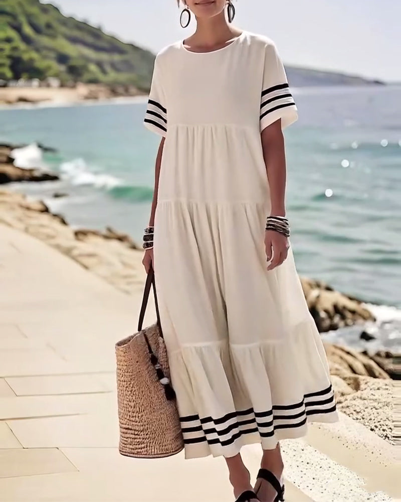 70% OFF | Color-Block Short-Sleeve Vacation Midi Dress