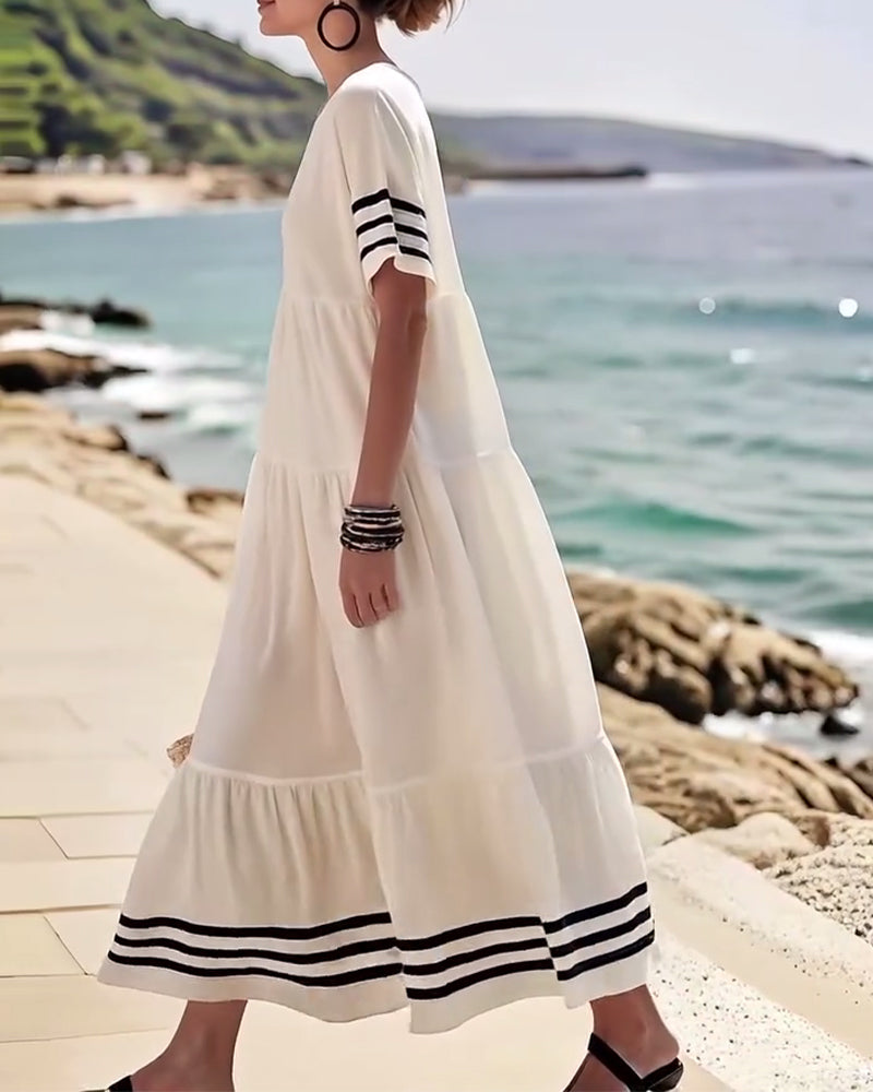 70% OFF | Color-Block Short-Sleeve Vacation Midi Dress