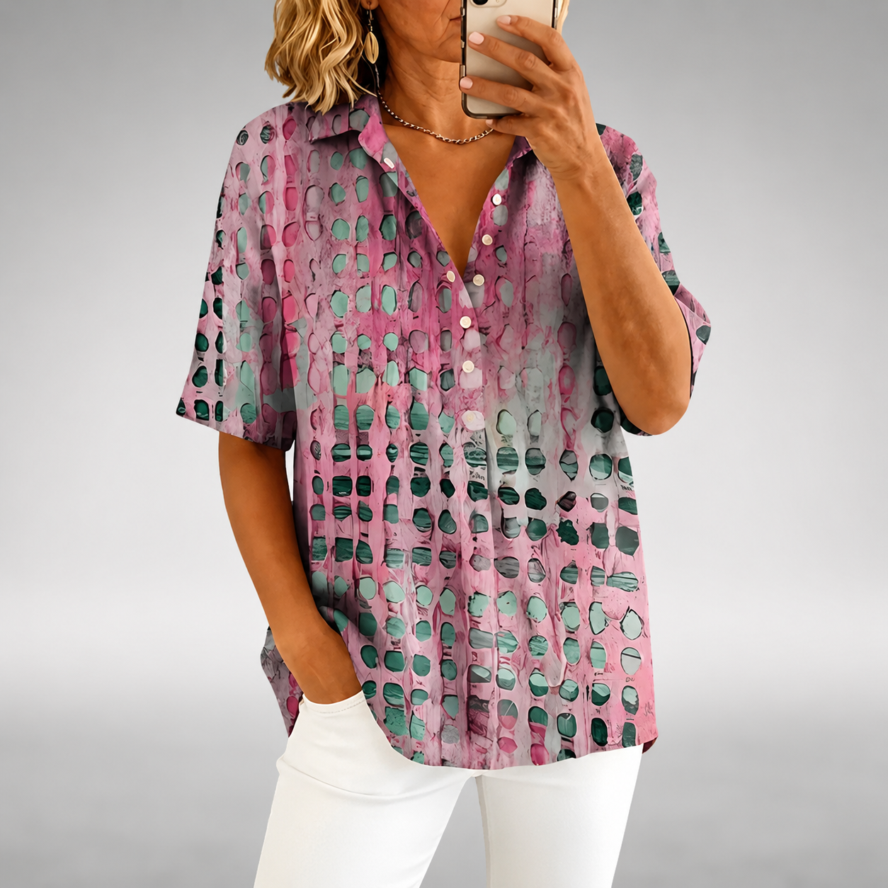 Abstract Print Button-Up Blouse