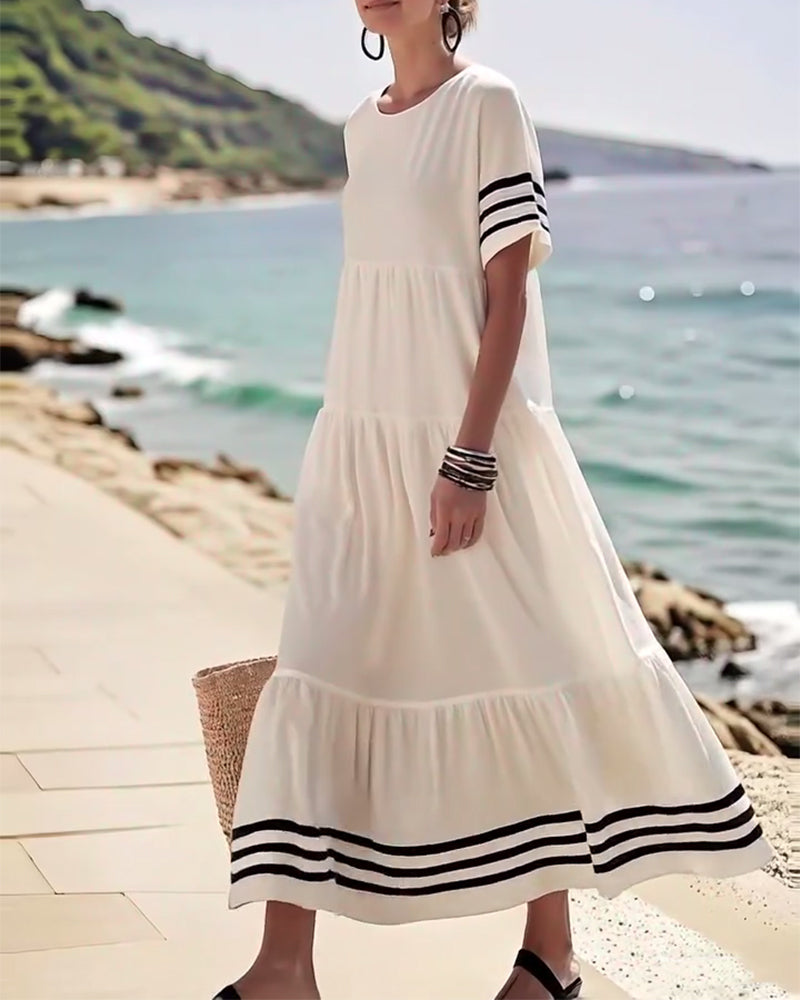 70% OFF | Color-Block Short-Sleeve Vacation Midi Dress