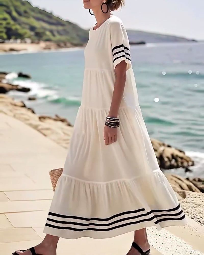 70% OFF | Color-Block Short-Sleeve Vacation Midi Dress