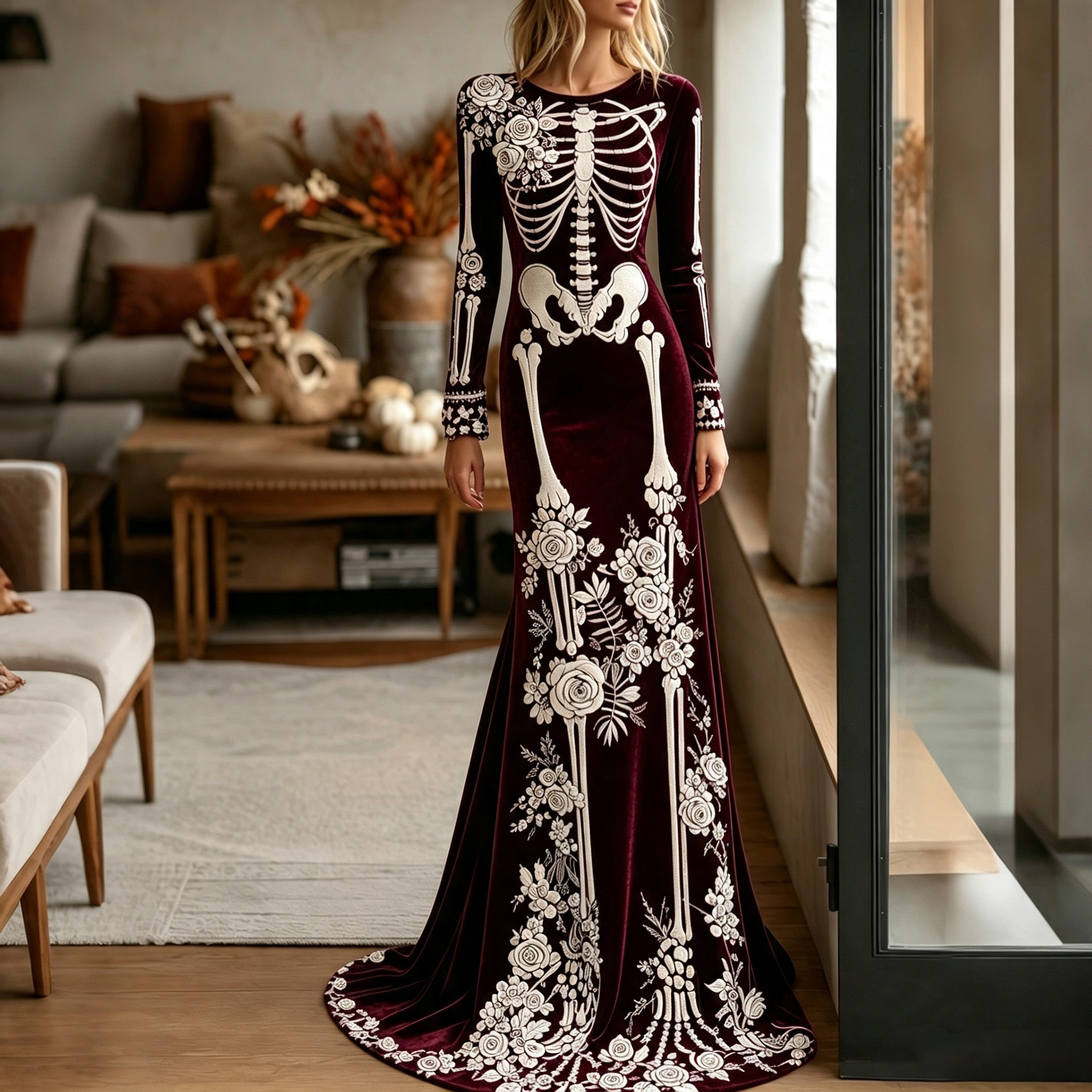 Women's Halloween Dark Gothic Rose Skeleton Maxi Dress