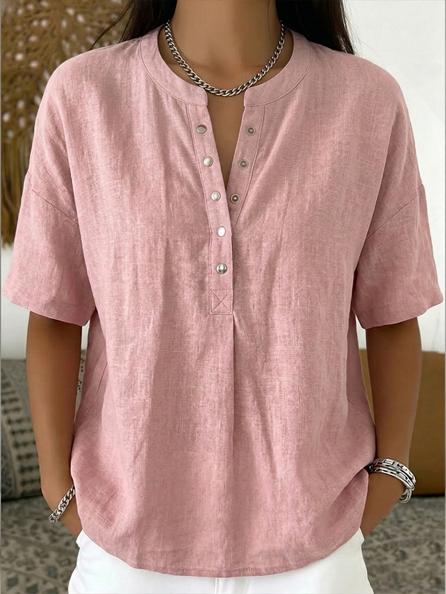New Arrivals🔥 Women’s Casual Henley Collar Linen And Cotton Short-sleeve Shirt