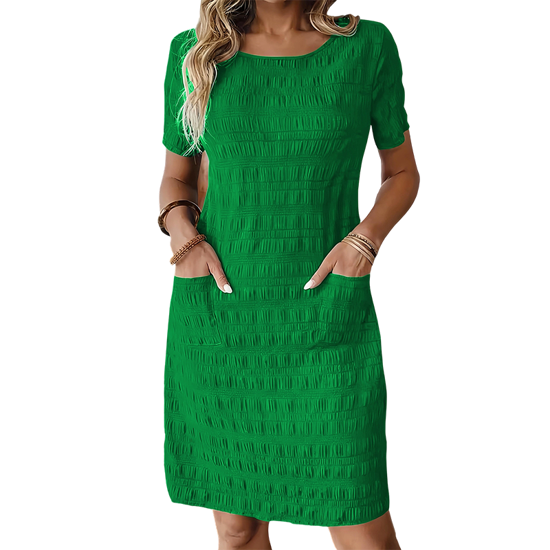 Textured Round-Neck Shift Dress with Front Pockets