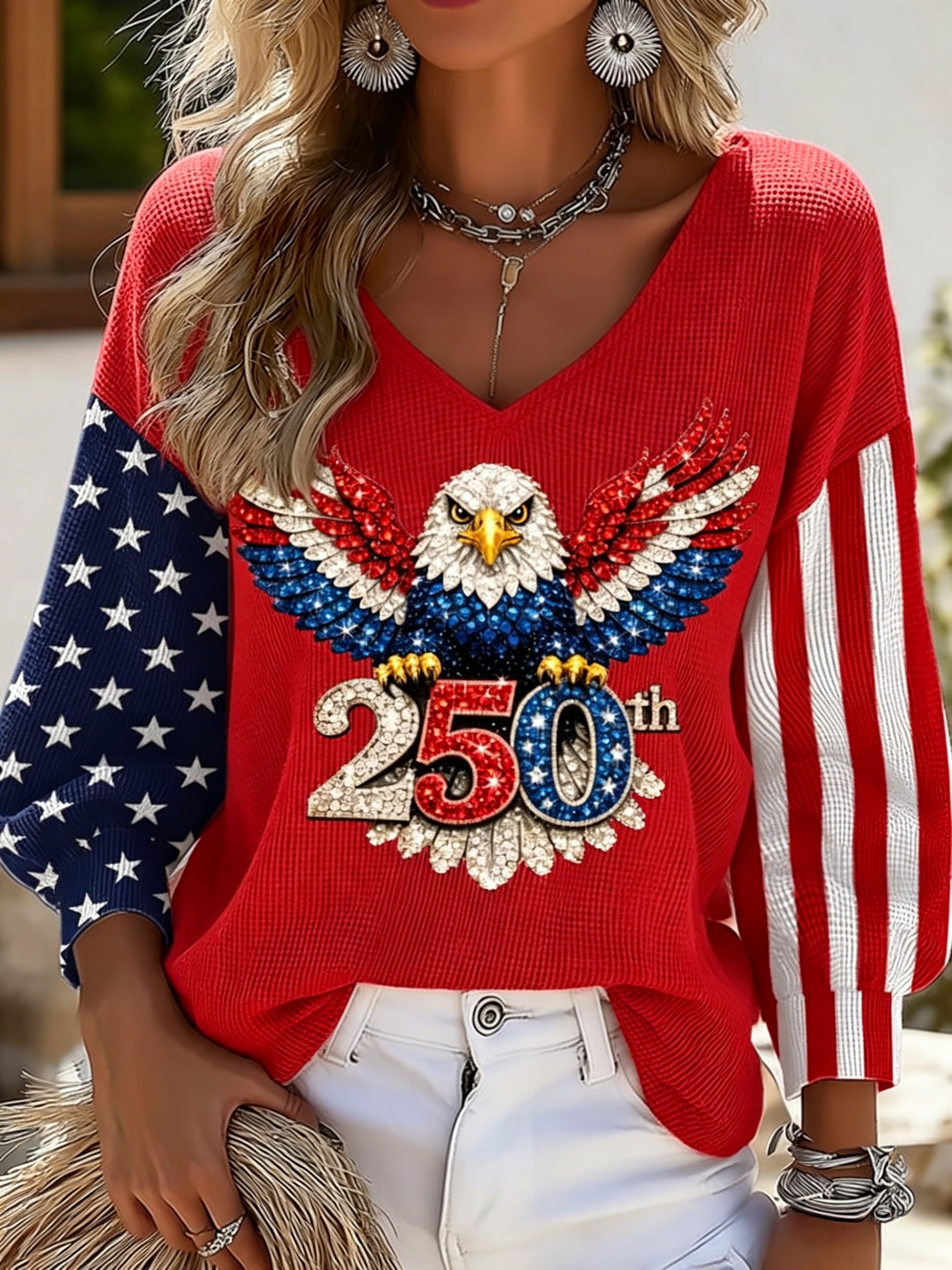 Women’s Anniversary Eagle & American Flag Graphic V-Neck Top