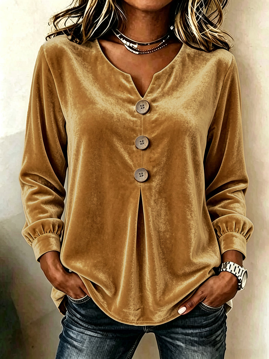 Velvet V-Neck Pleated Button-Front Long-Sleeve Top