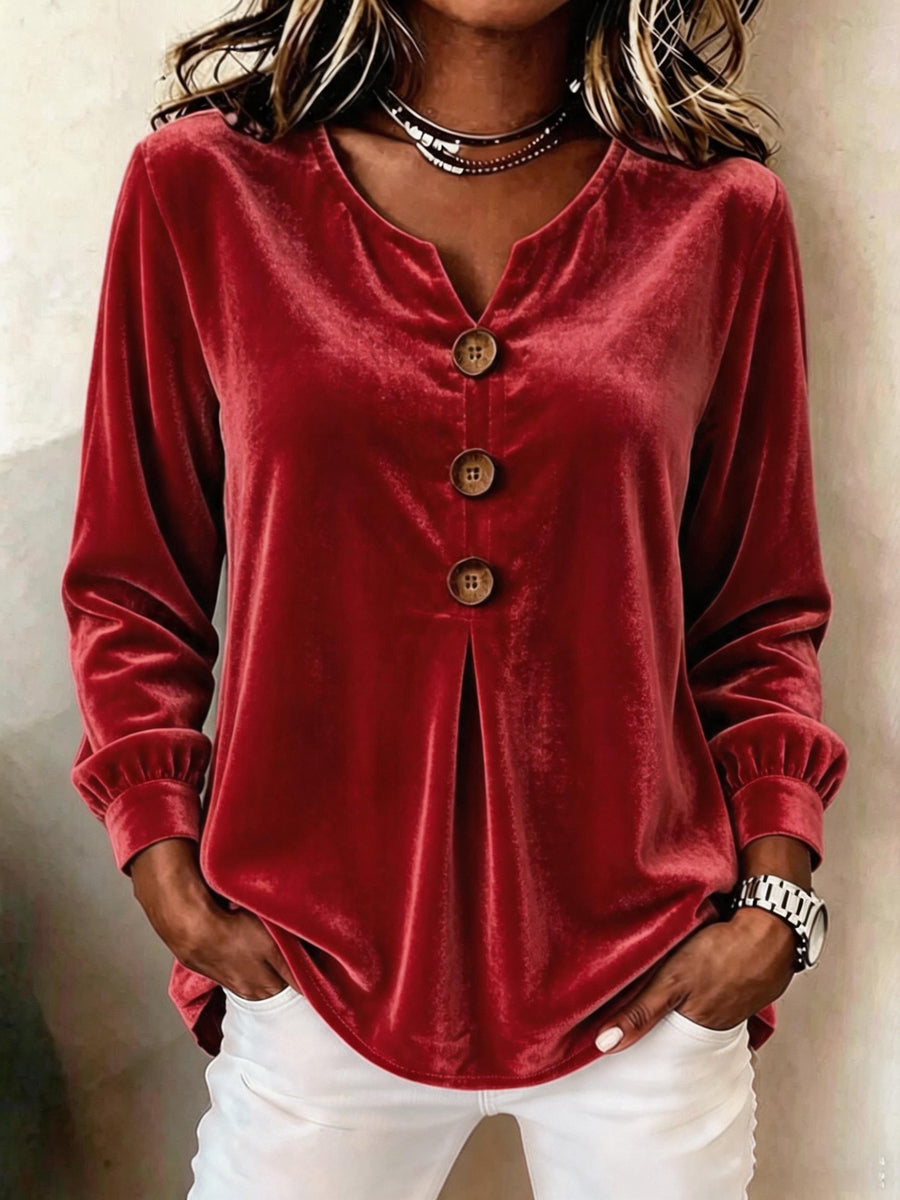 Velvet V-Neck Pleated Button-Front Long-Sleeve Top